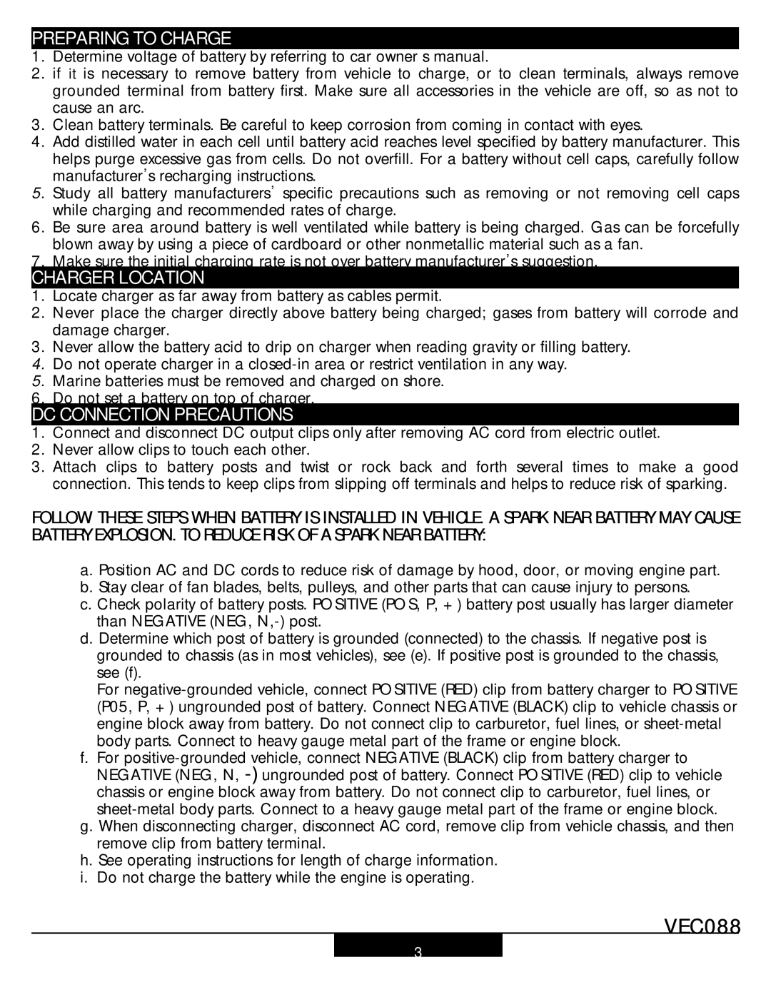 Vector Automatic Battery Charger, VEC088 manual Preparing to Charge, Charger Location, DC Connection Precautions 