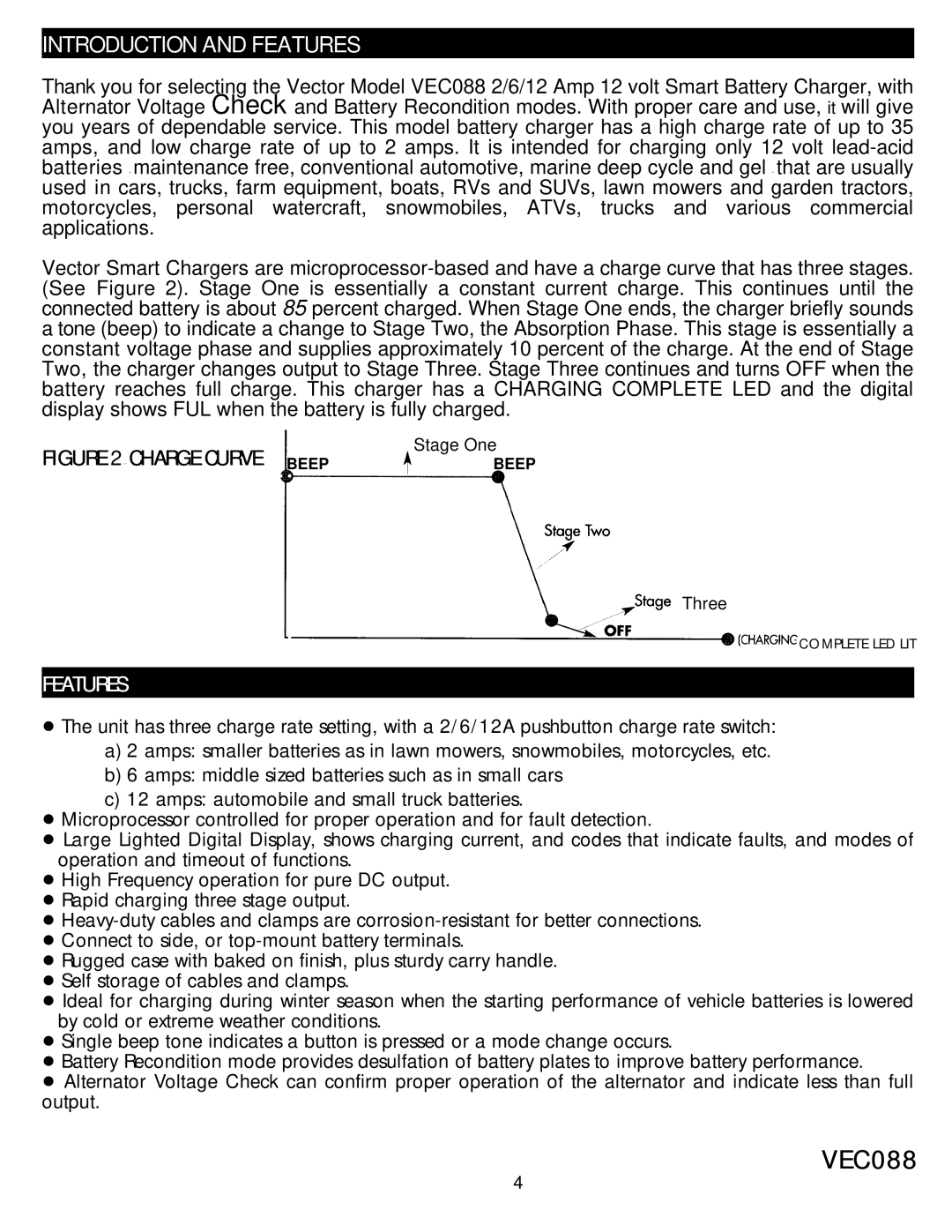 Vector VEC088, Automatic Battery Charger manual Introduction and Features 