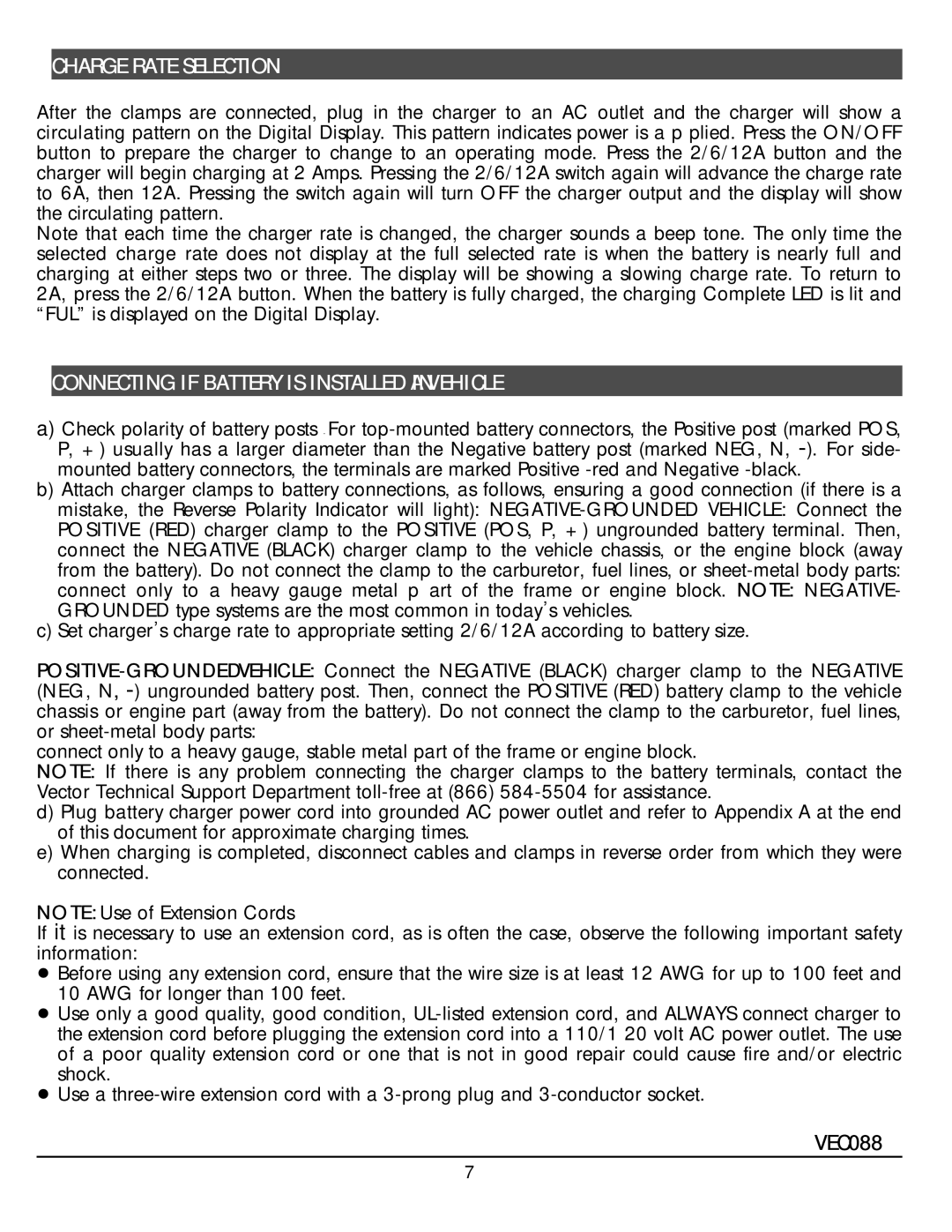 Vector Automatic Battery Charger, VEC088 manual Charge Rate Selection, Connecting if Battery is Installed Ainvehicle 