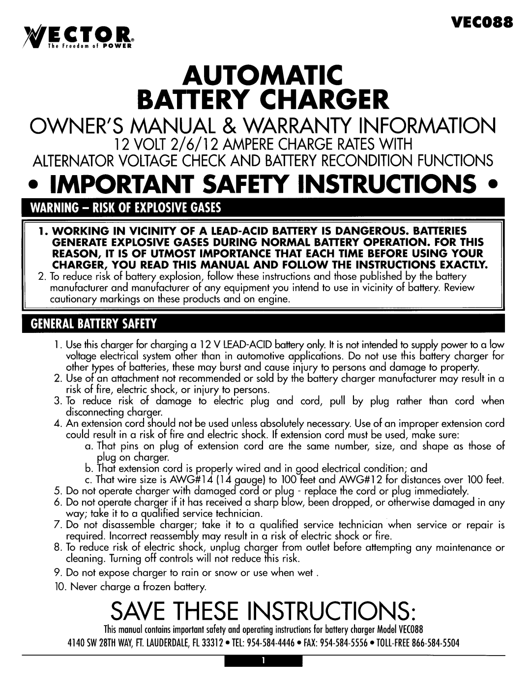 Vector Automatic Battery Charger, VEC088 manual 