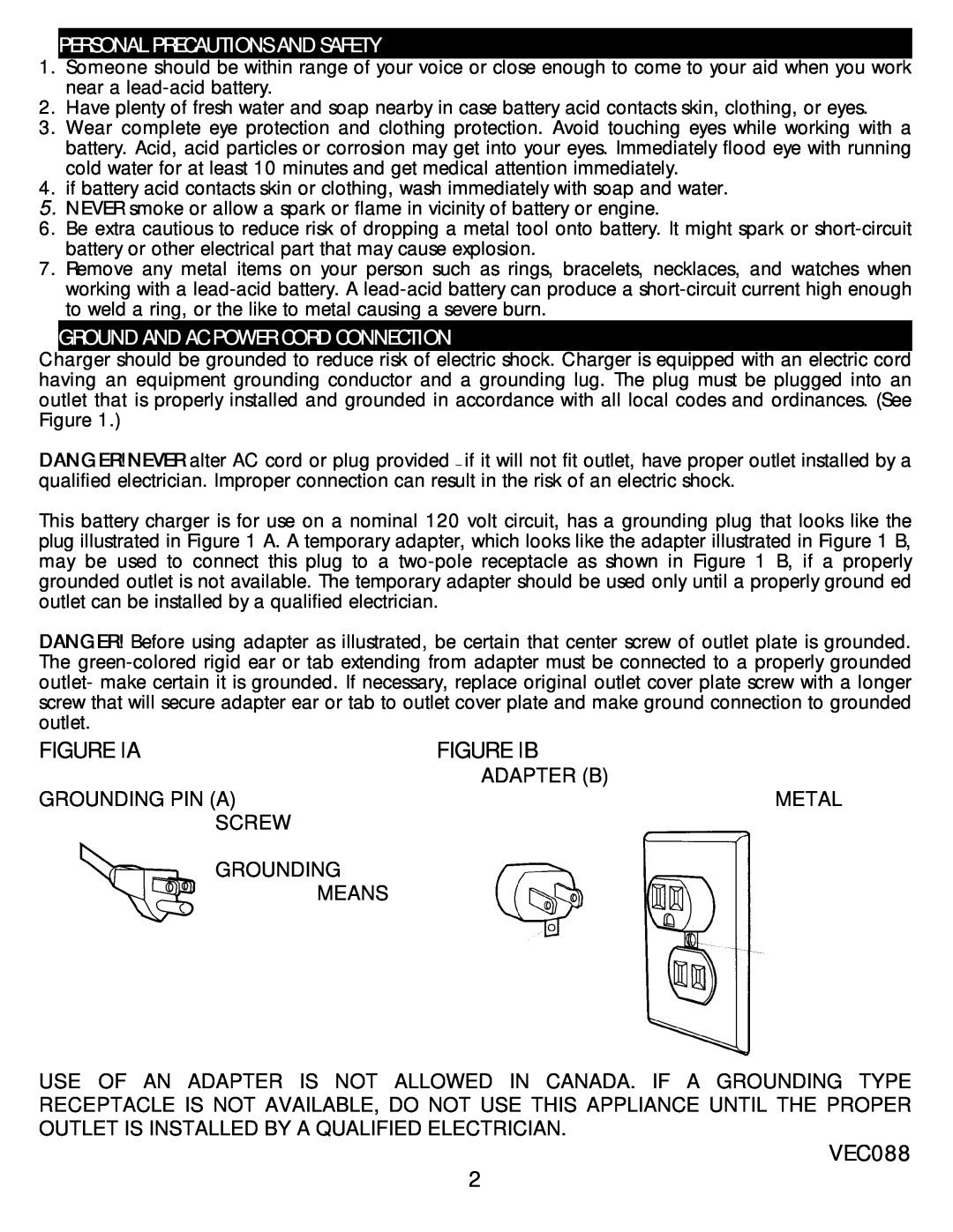 Vector VEC088 manual Personal Precautions And Safety, Ground And Ac Power Cord Connection, FIGURE lA, FIGURE lB 