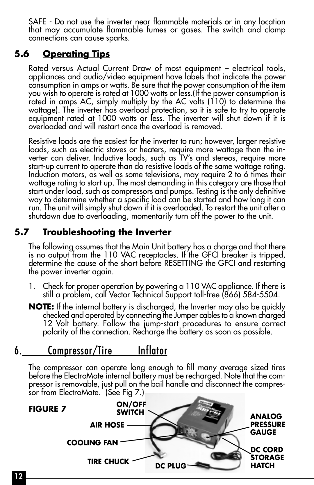 Vector VEC095, 1000 WATT owner manual Compressor/Tire, Operating Tips, Troubleshooting the Inverter 