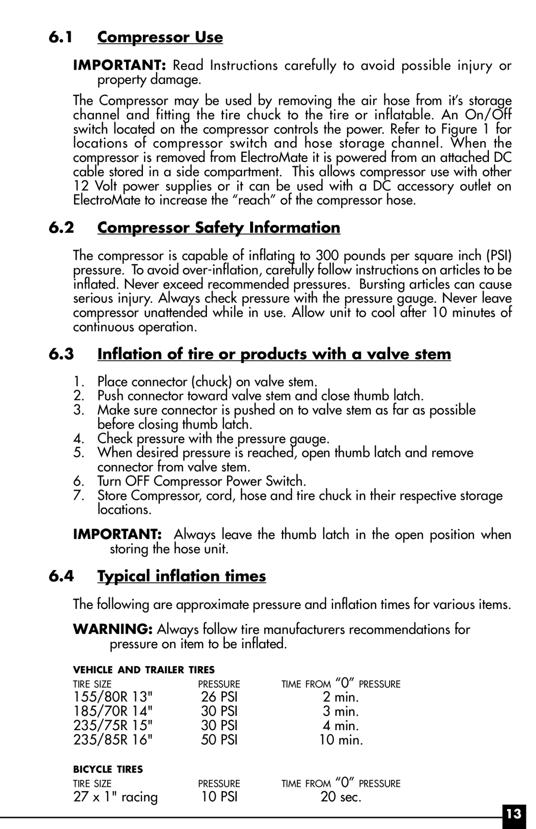 Vector 1000 WATT, VEC095 Compressor Use, Compressor Safety Information, Inflation of tire or products with a valve stem 