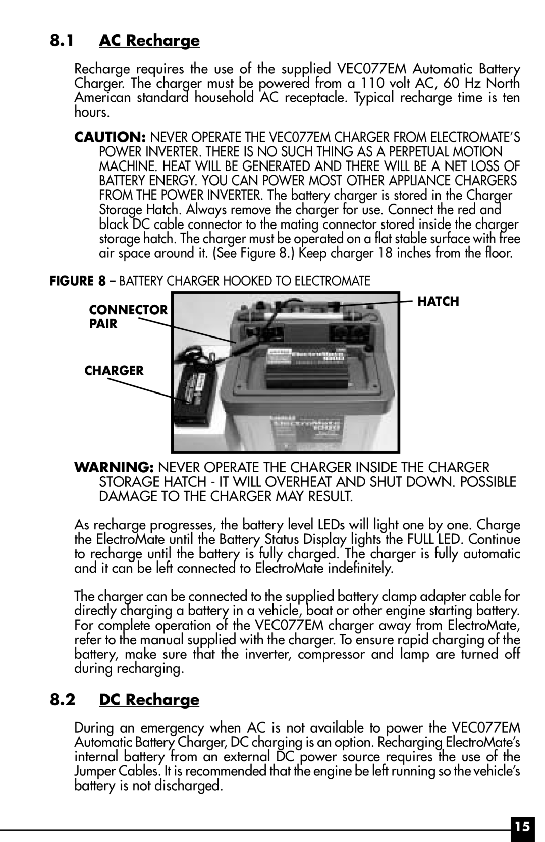 Vector 1000 WATT, VEC095 owner manual AC Recharge, DC Recharge 