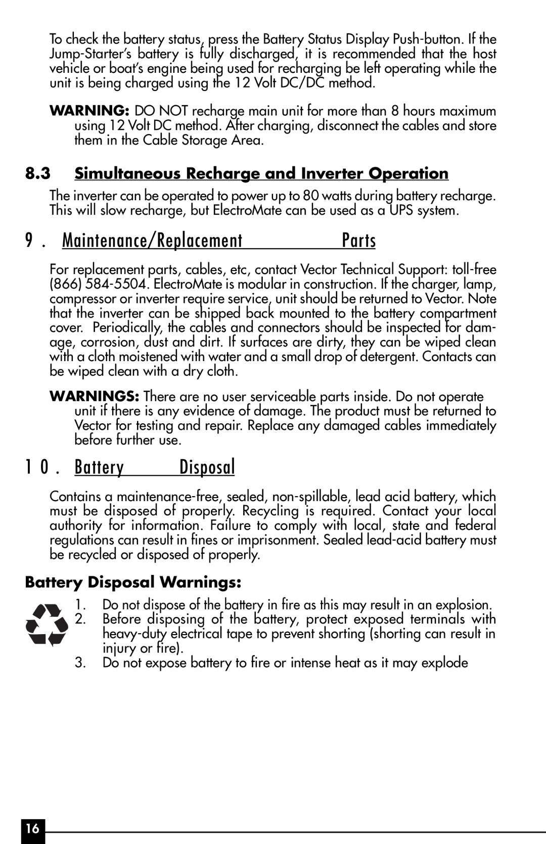 Vector VEC095 Maintenance/Replacement, Simultaneous Recharge and Inverter Operation, Battery Disposal Warnings 