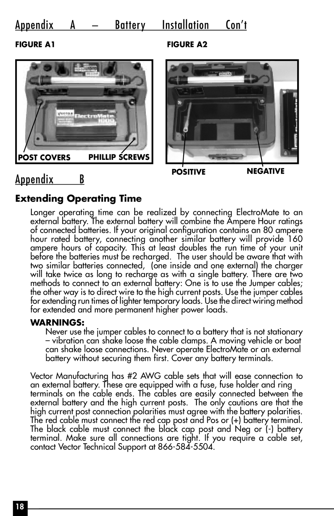 Vector VEC095, 1000 WATT owner manual Appendix Battery Installation, Extending Operating Time 