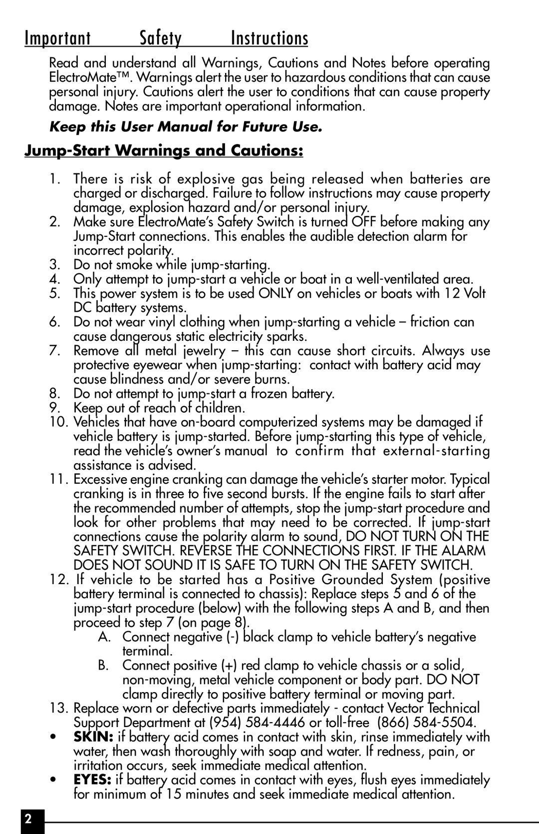 Vector VEC095, 1000 WATT owner manual Important Safety Instructions, Jump-Start Warnings and Cautions 