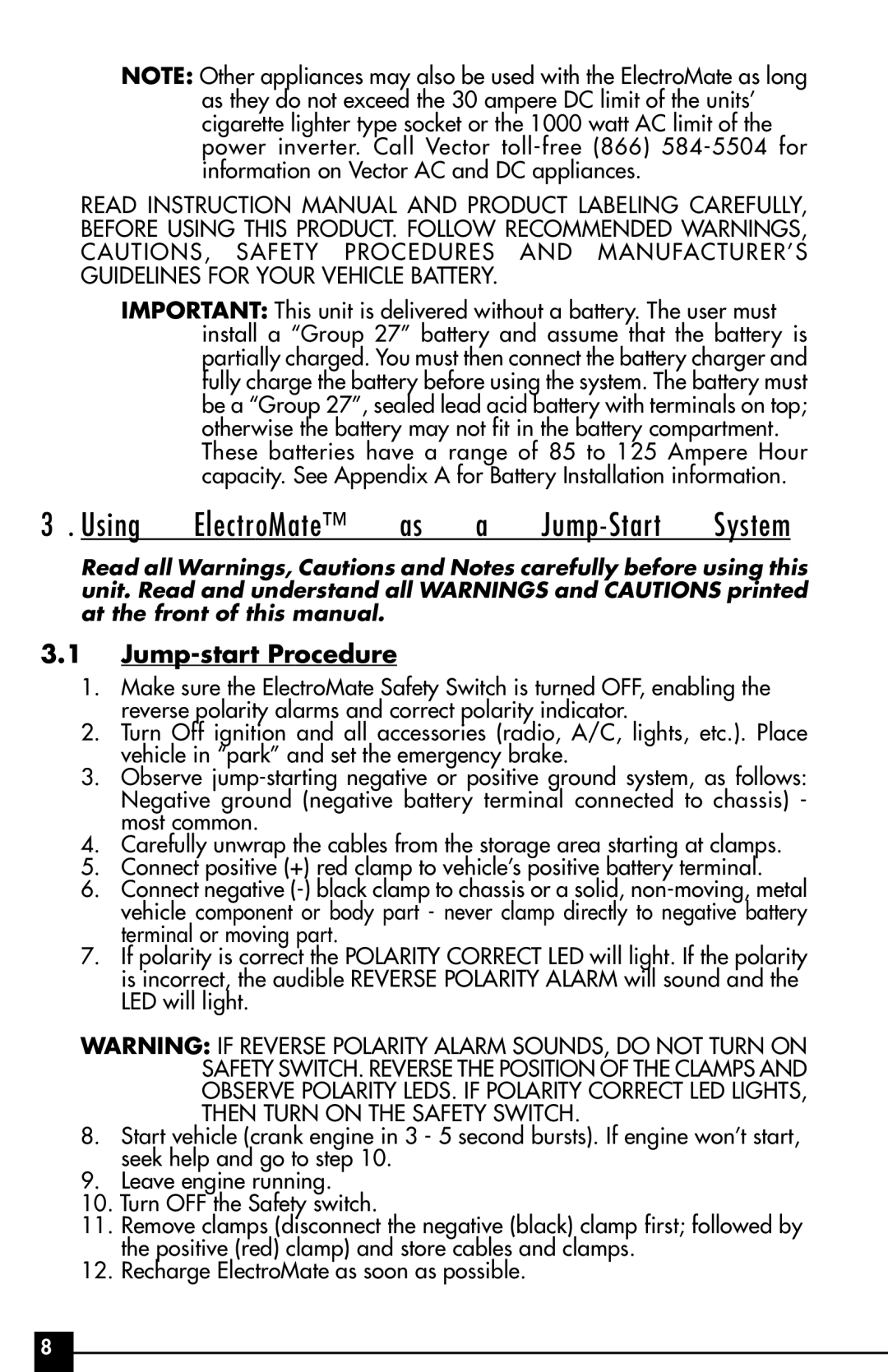 Vector VEC095, 1000 WATT owner manual Using ElectroMate Jump-Start, Jump-start Procedure 