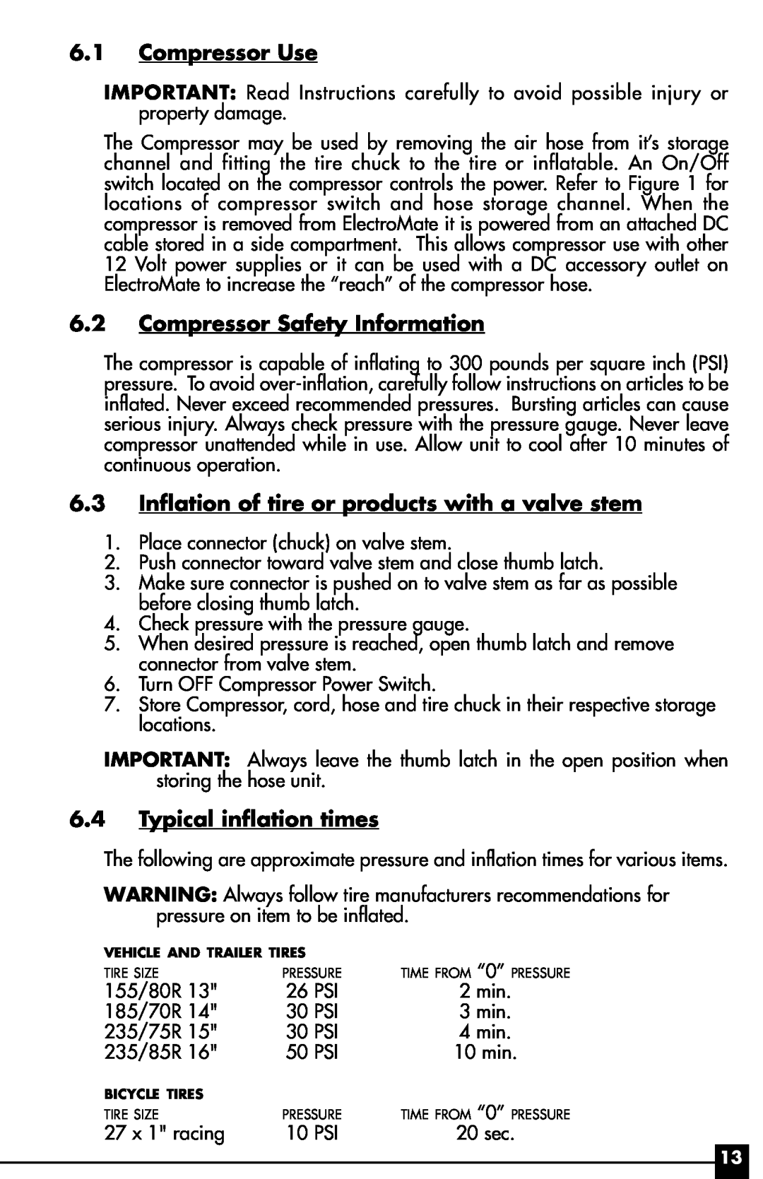 Vector 1000 WATT, VEC095 owner manual 6.1Compressor Use, 6.2Compressor Safety Information, 6.4Typical inflation times 