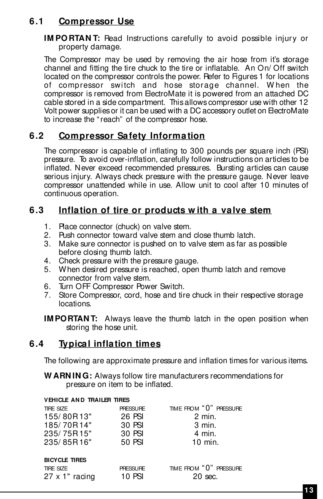 Vector VEC097 owner manual Compressor Use, Compressor Safety Information, Inflation of tire or products with a valve stem 