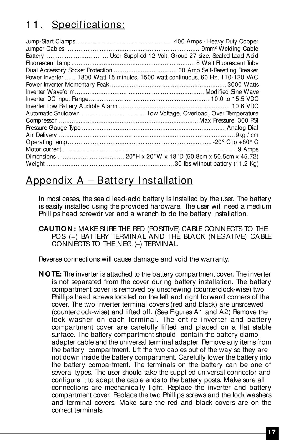 Vector VEC097 owner manual Specifications, Appendix a Battery Installation 