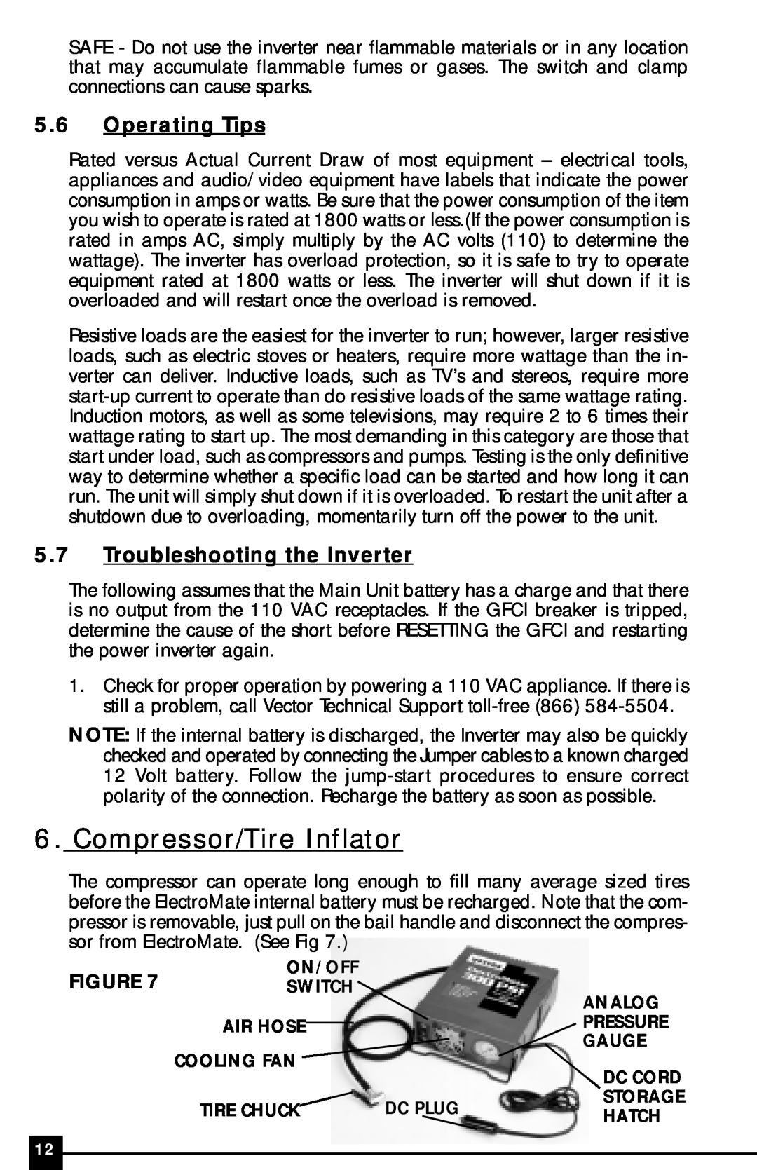Vector VEC097 owner manual Compressor/Tire Inflator, 5.6Operating Tips, 5.7Troubleshooting the Inverter 