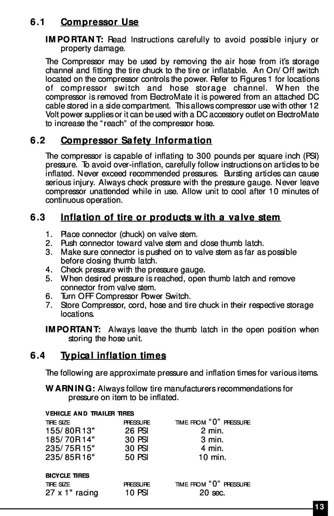 Vector VEC097 owner manual 6.1Compressor Use, 6.2Compressor Safety Information, 6.4Typical inflation times 