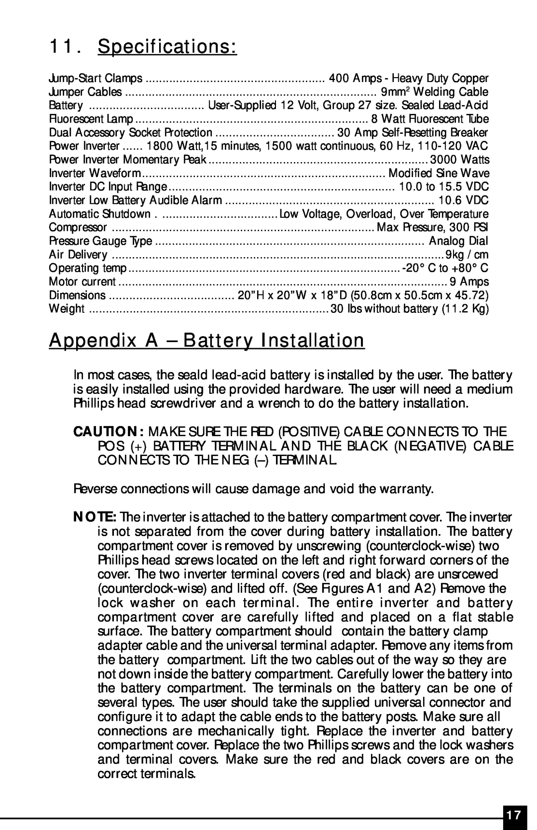 Vector VEC097 owner manual Specifications, Appendix A – Battery Installation 