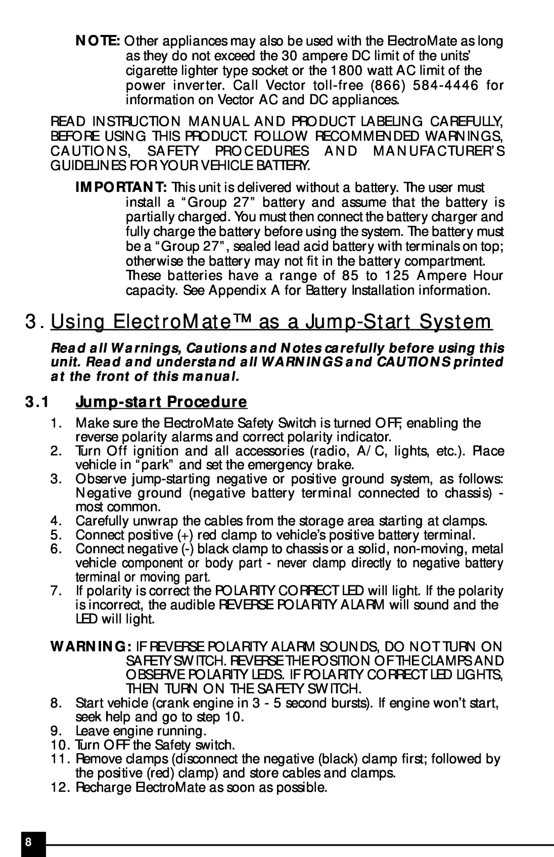Vector VEC097 owner manual Using ElectroMate as a Jump-StartSystem, 3.1Jump-startProcedure 