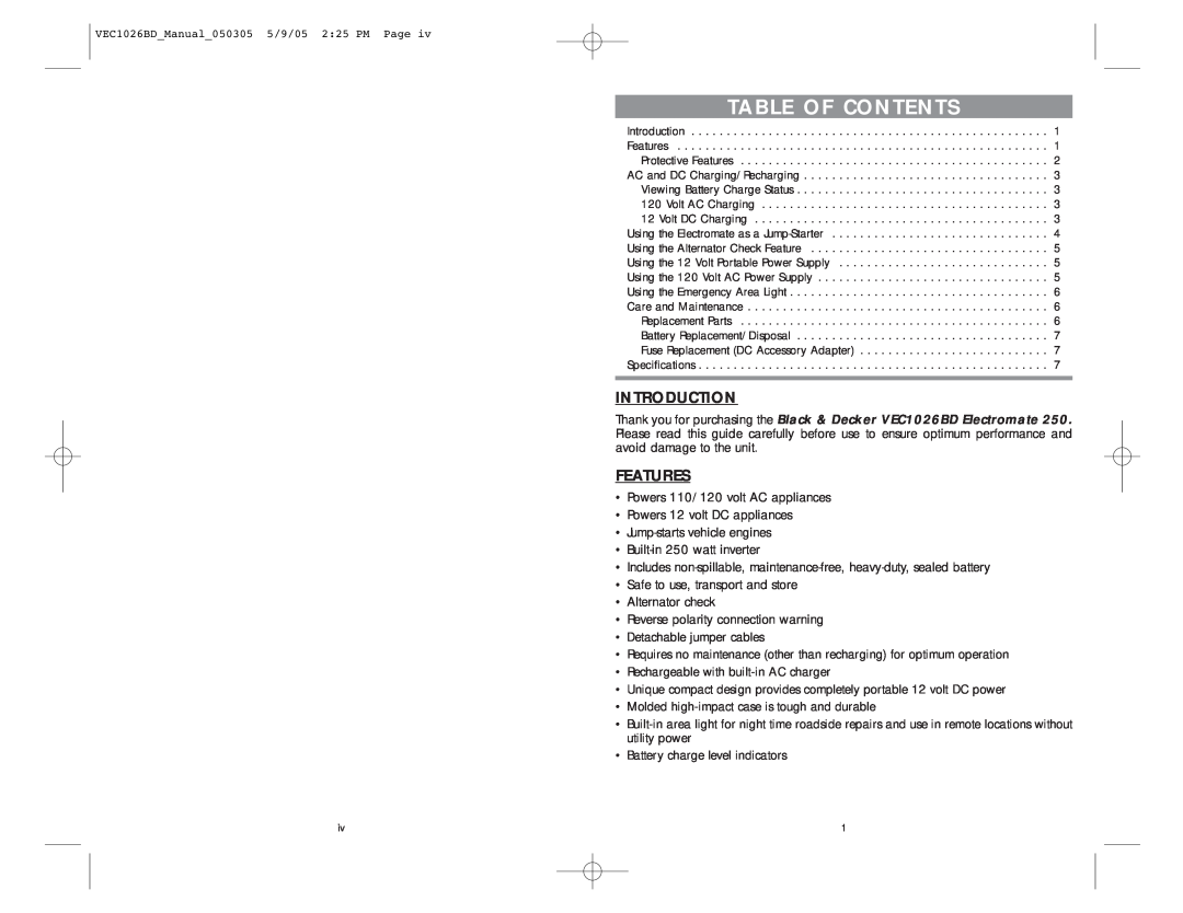 Vector VEC1026BD, BD050205, 250 user manual Introduction, Features, Table Of Contents 