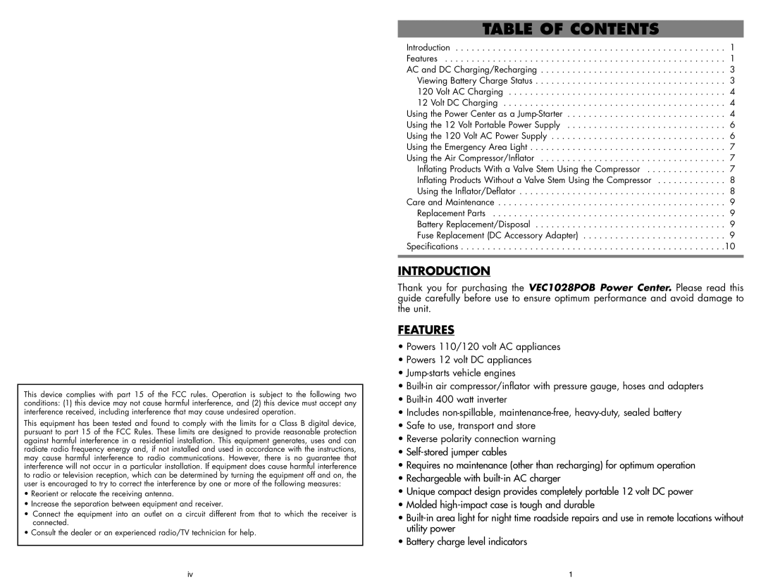 Vector BD051605, VEC1028POB user manual Table of Contents 