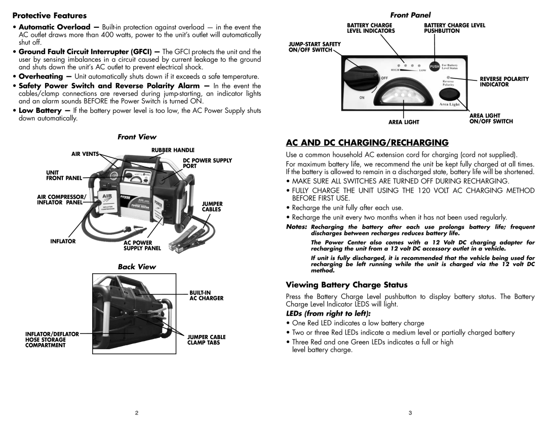 Vector VEC1028POB, BD051605 user manual AC and DC CHARGING/RECHARGING, Protective Features, Viewing Battery Charge Status 