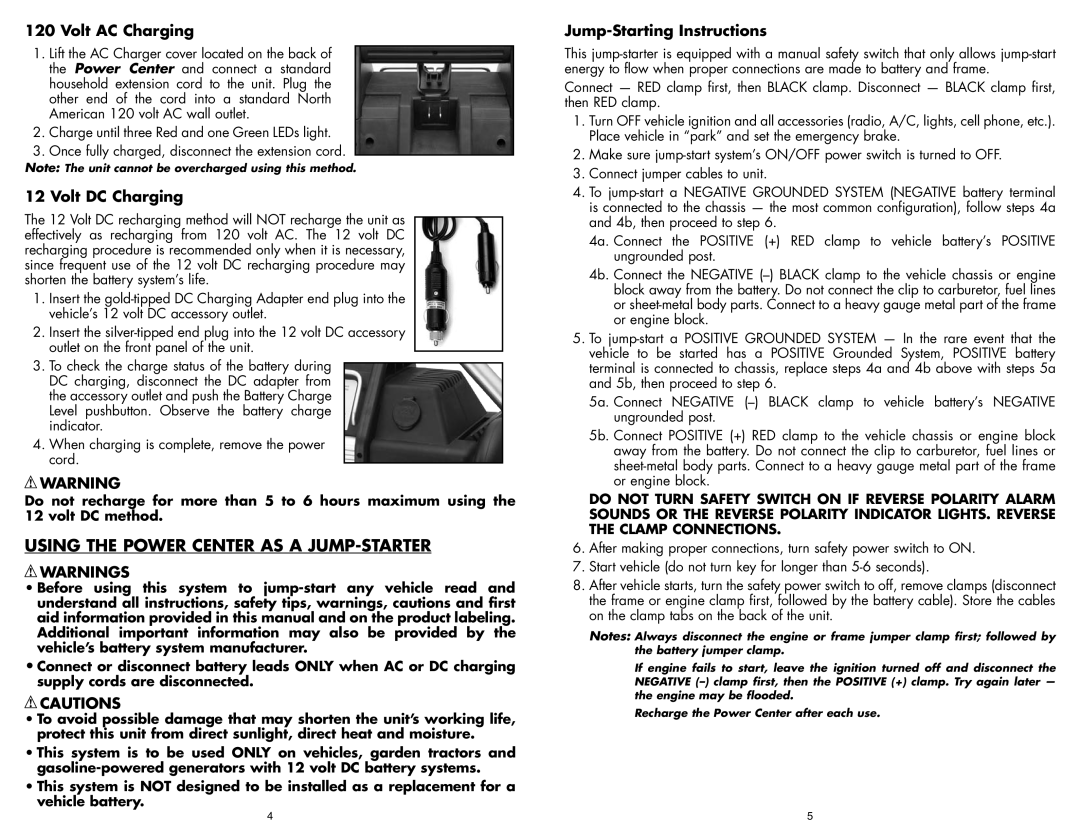 Vector BD051605 Using the Power Center AS a JUMP-STARTER, Volt AC Charging, Volt DC Charging, Jump-Starting Instructions 