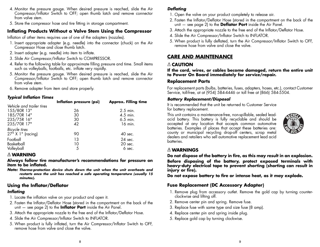 Vector BD051605, VEC1028POB user manual Care and Maintenance, Using the Inflator/Deflator, Replacement Parts 