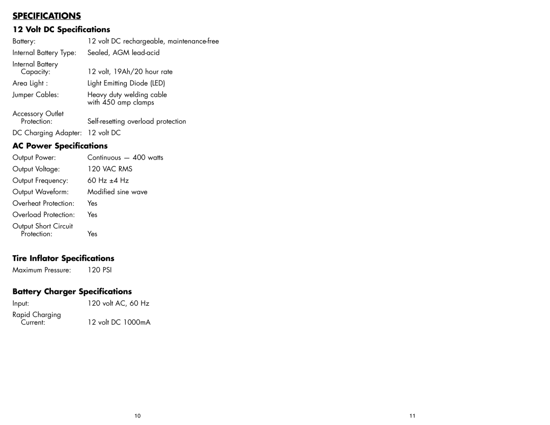 Vector VEC1028POB, BD051605 user manual Volt DC Specifications, AC Power Specifications, Tire Inflator Specifications 