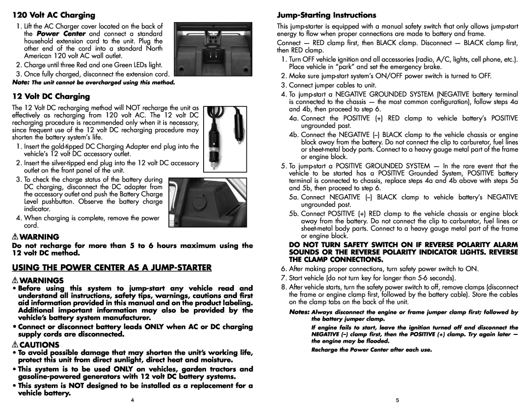 Vector BD051605 Using The Power Center As A Jump-Starter, Volt AC Charging, Volt DC Charging, Warnings, Cautions 