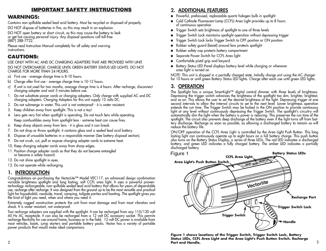 Vector VEC117 owner manual Introduction, Additional Features, Operation 