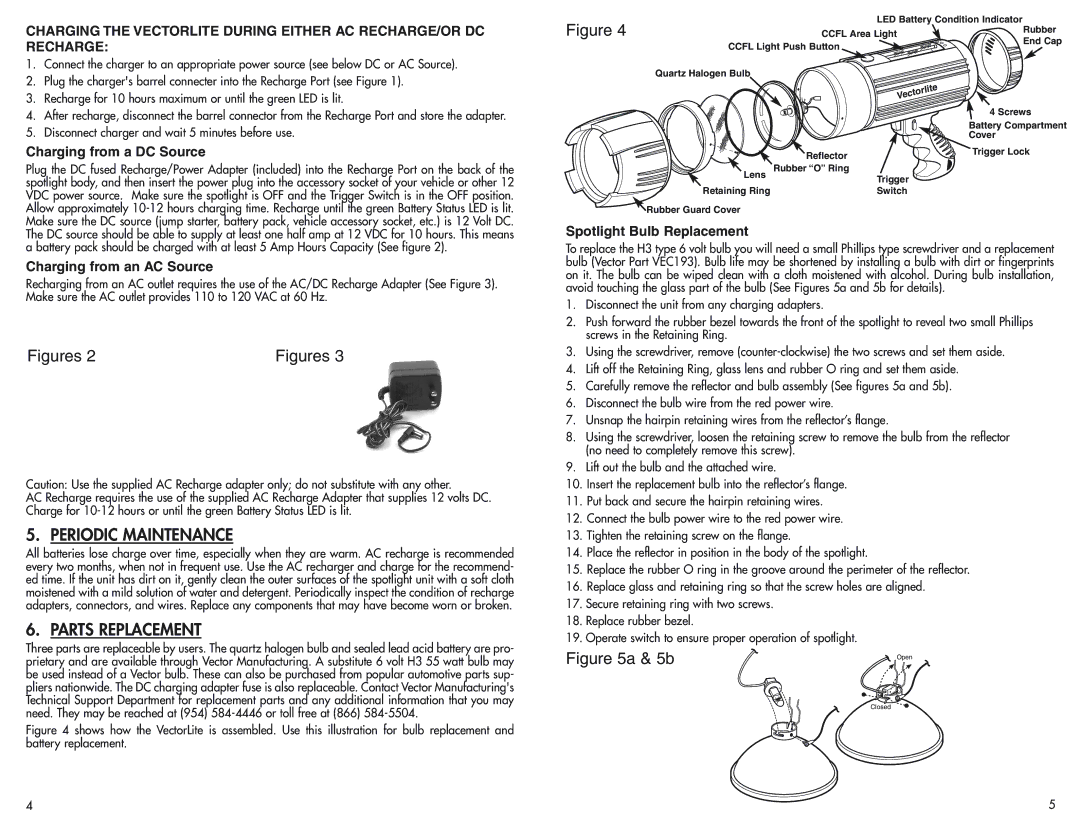 Vector VEC117 owner manual Periodic Maintenance, Parts Replacement, Charging from a DC Source, Charging from an AC Source 