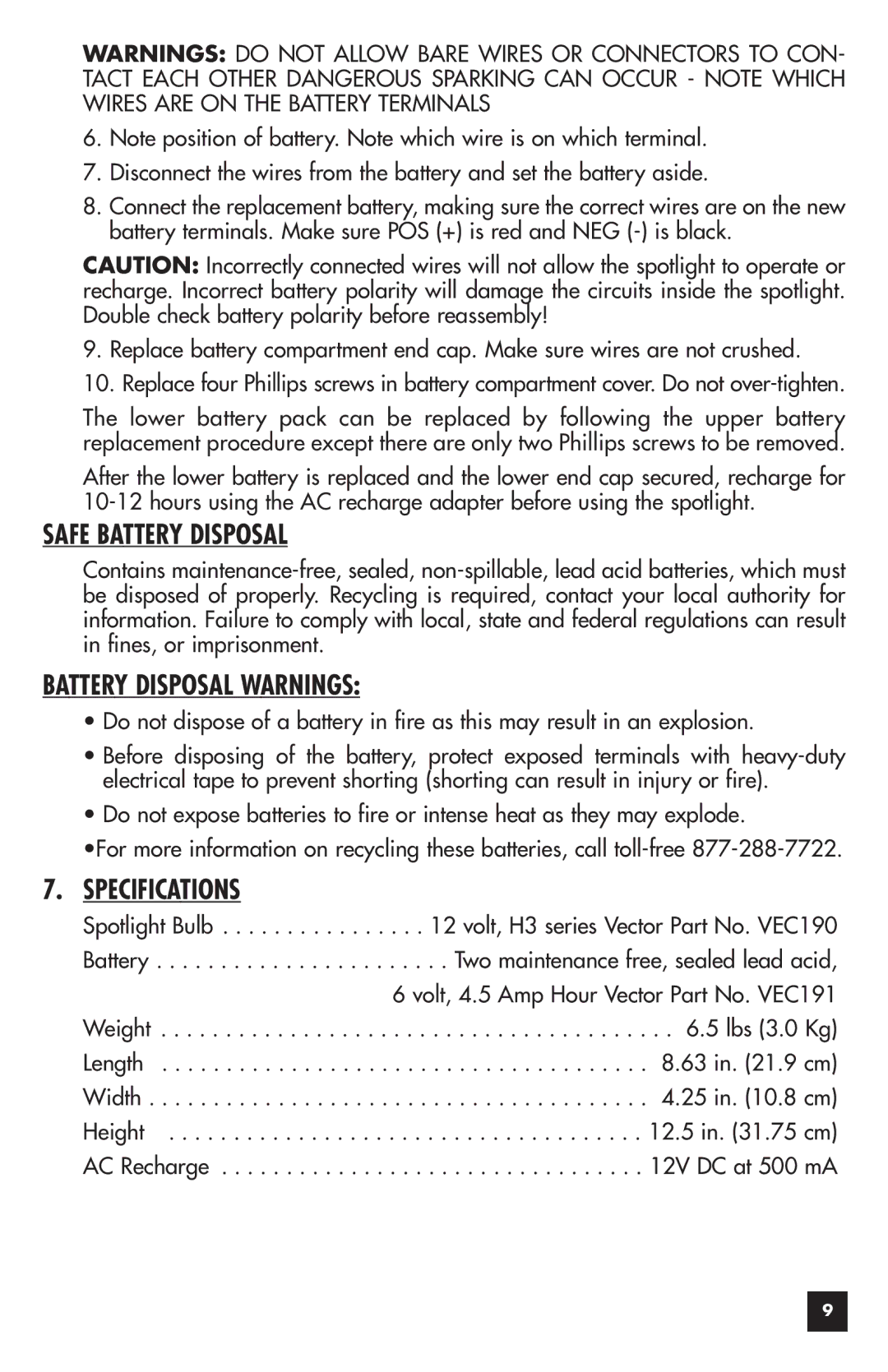 Vector VEC118S owner manual Safe Battery Disposal, Battery Disposal Warnings, Specifications 