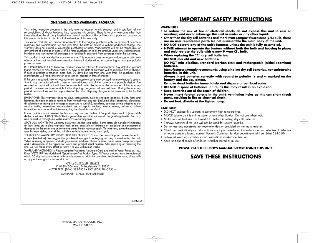 Vector VEC1197 user manual Important Safety Instructions 