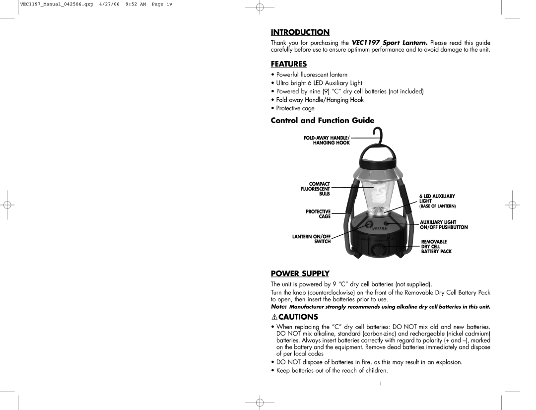 Vector VEC1197 user manual Introduction, Features, Control and Function Guide, Power Supply 