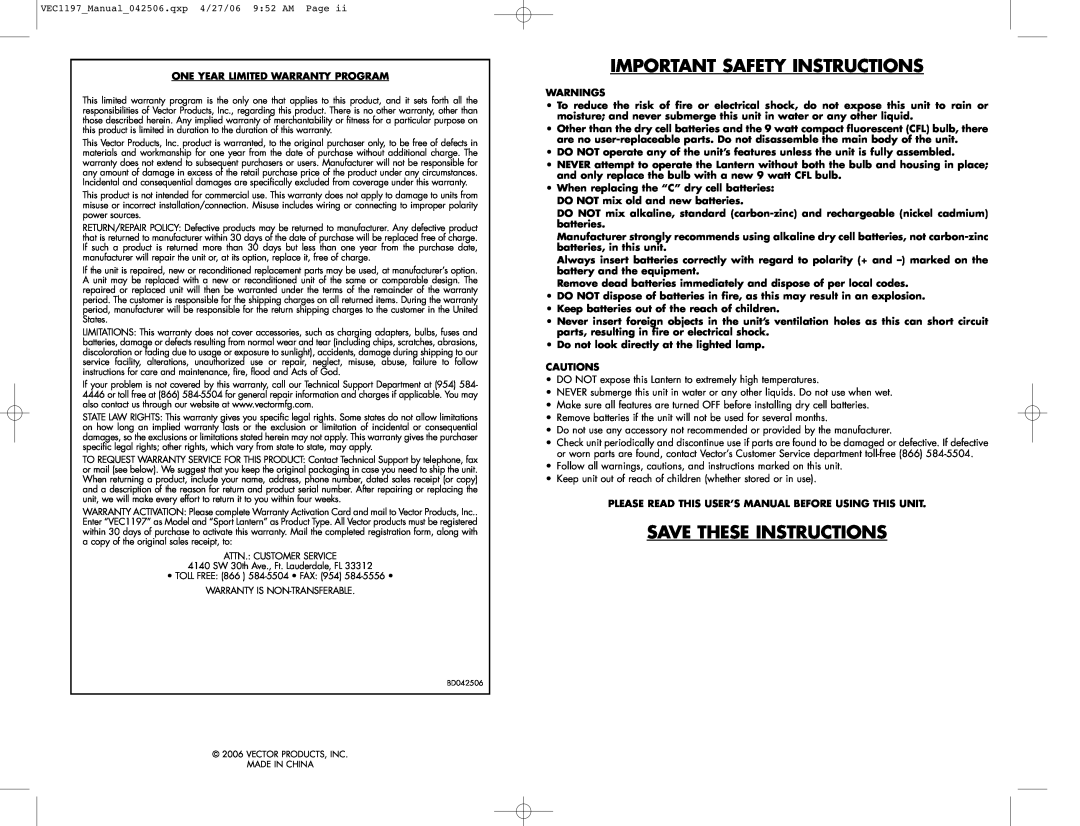 Vector VEC1197 user manual Important Safety Instructions, Save These Instructions 