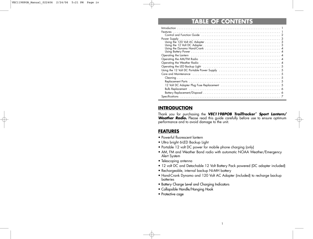 Vector VEC1198POB user manual Table of Contents 