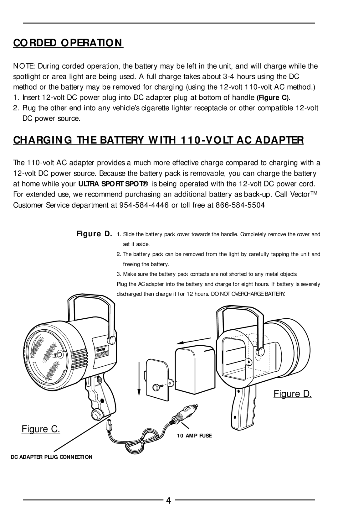 Vector VEC126BW manual Corded Operation, Charging the Battery with 110-VOLT AC Adapter 