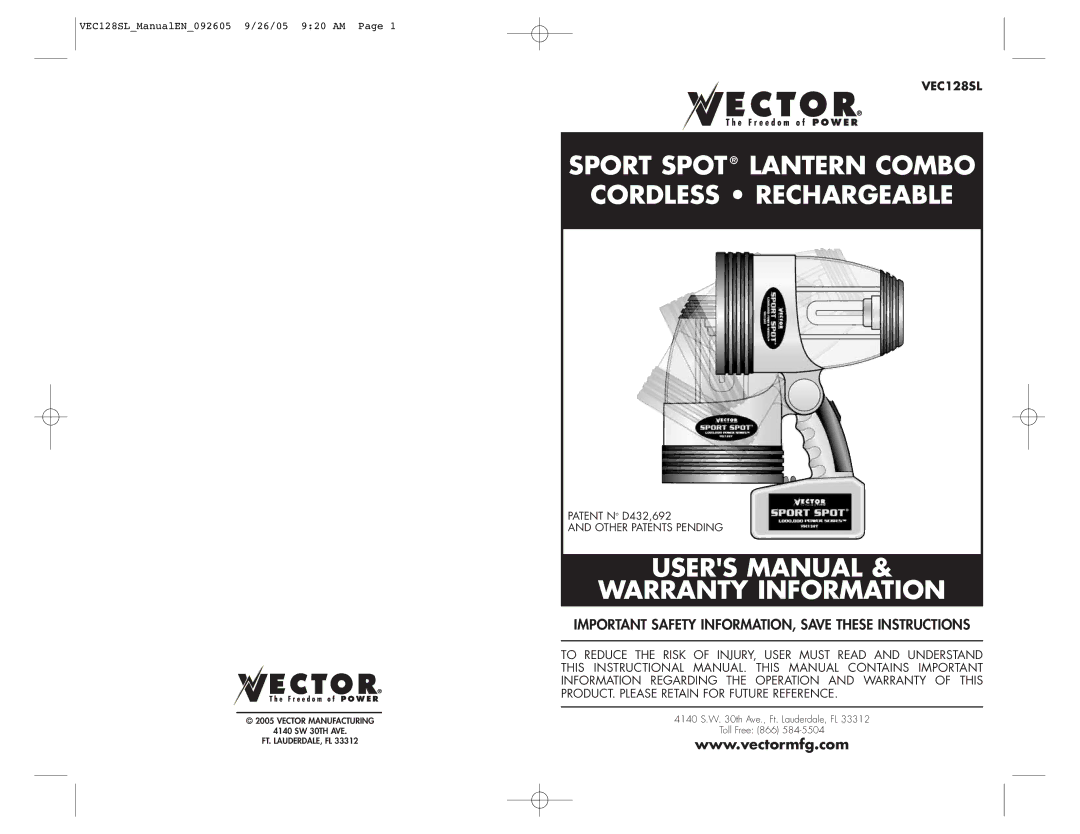 Vector VEC1285L user manual Sport Spot Lantern Combo Cordless Rechargeable 