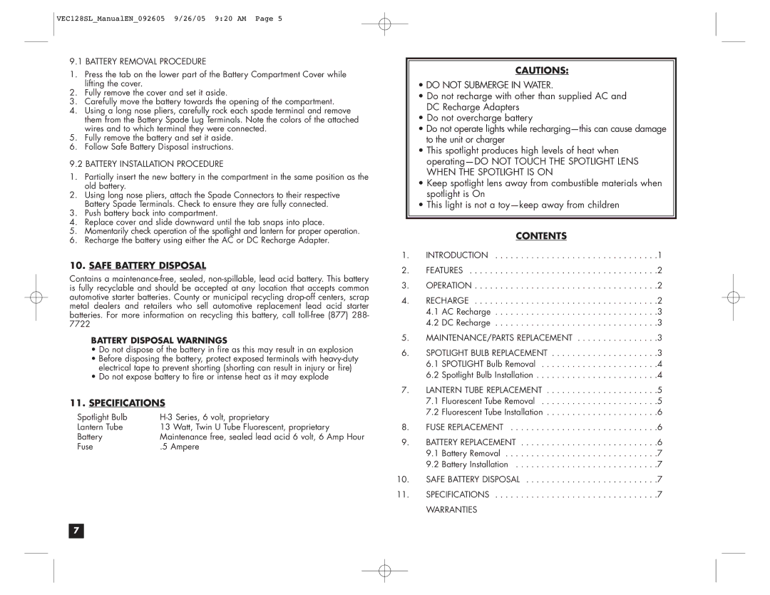 Vector VEC1285L user manual Safe Battery Disposal, Specifications, Contents 