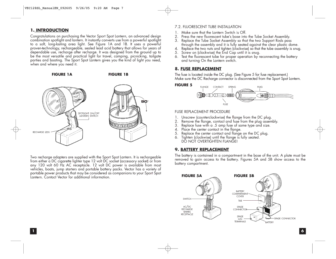 Vector VEC1285L user manual Introduction, Fuse Replacement, Battery Replacement 