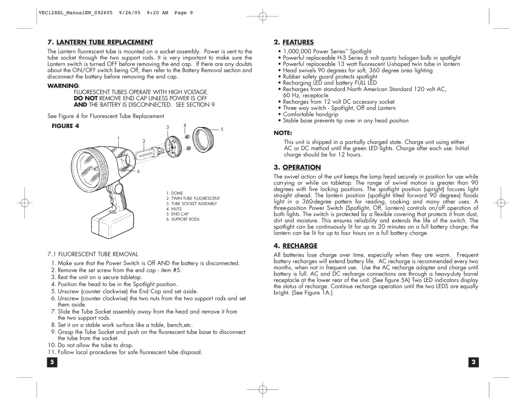 Vector VEC1285L user manual Lantern Tube Replacement, Features, Operation, Recharge, Fluorescent Tube Removal 