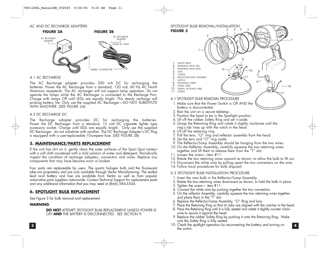 Vector VEC1285L user manual MAINTENANCE/PARTS Replacement, Spotlight Bulb Replacement 