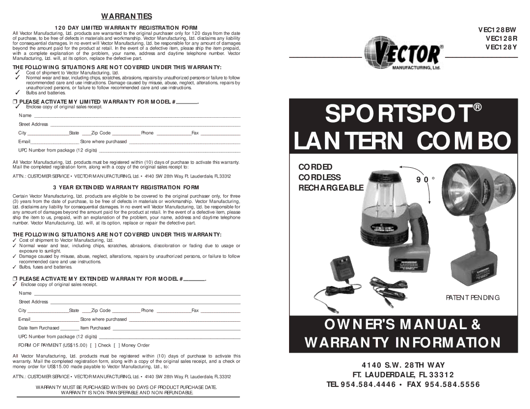 Vector VEC128R, VEC128Y, VEC128BW owner manual Warranties, Ft. Lauderdale, Fl, Patent Pending 