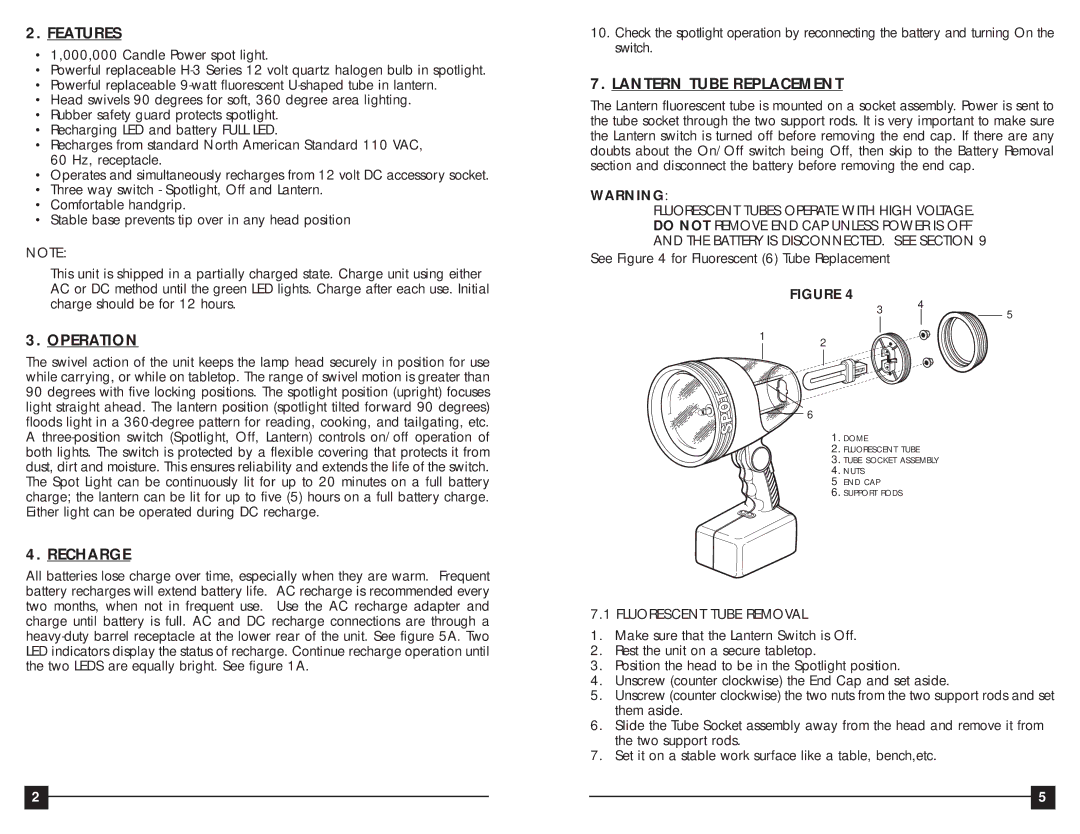 Vector VEC128R, VEC128Y, VEC128BW Features, Operation, Recharge, Lantern Tube Replacement, Fluorescent Tube Removal 