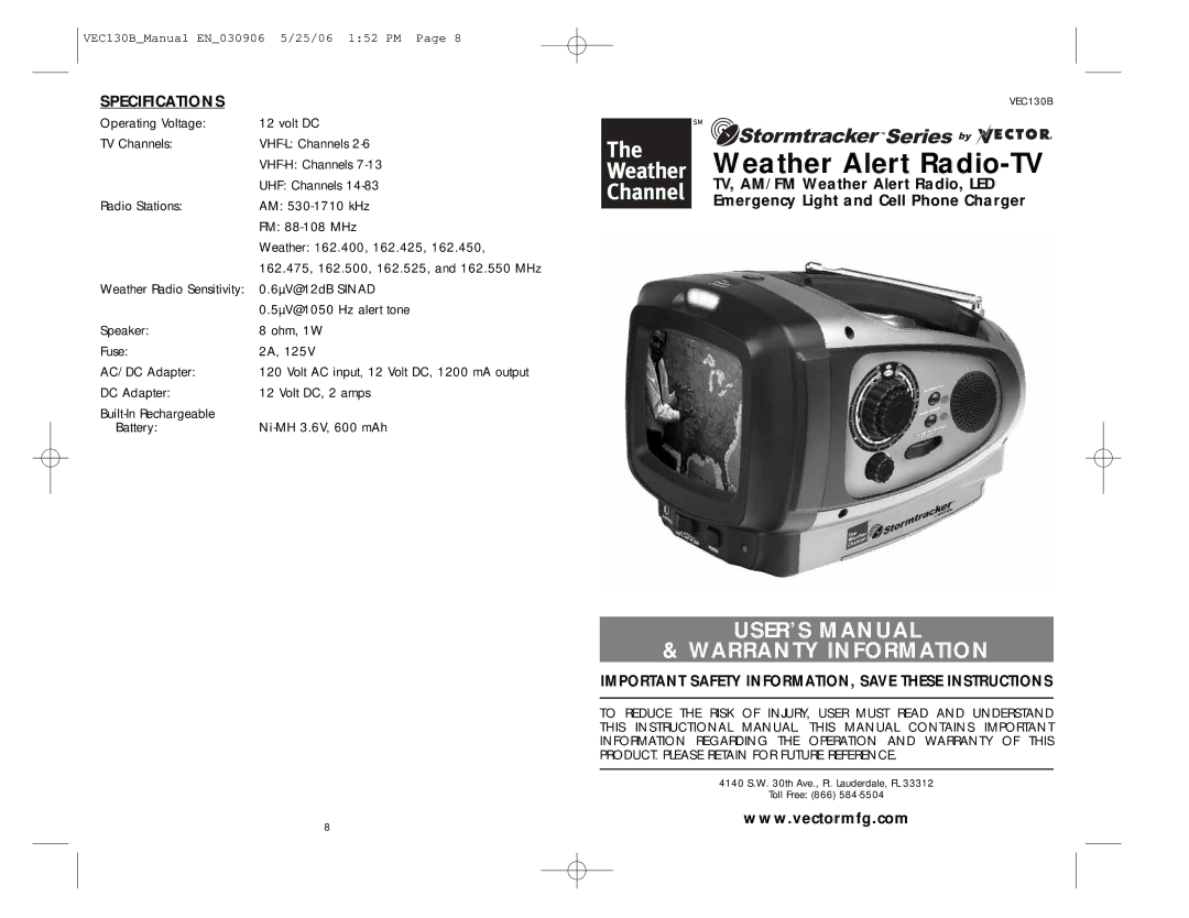 Vector VEC130B specifications Weather Alert Radio-TV, Specifications 