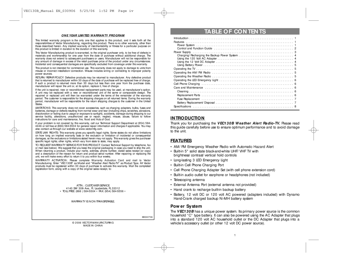 Vector VEC130B specifications Table of Contents 