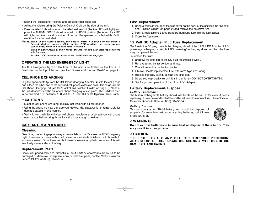 Vector VEC130B specifications Operating the LED Emergency Light, Cell Phone Charging, Care and Maintenance 