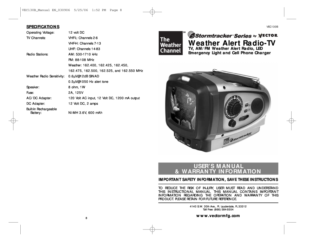 Vector VEC130B specifications Specifications, Weather Alert Radio-TV, User’S Manual Warranty Information 