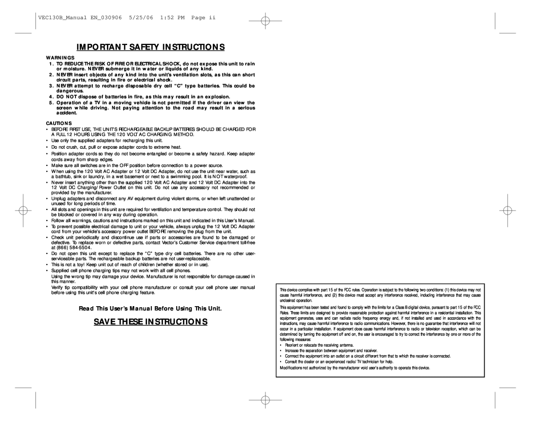 Vector specifications Important Safety Instructions, Save These Instructions, VEC130BManual EN030906 5/25/06 152 PM Page 