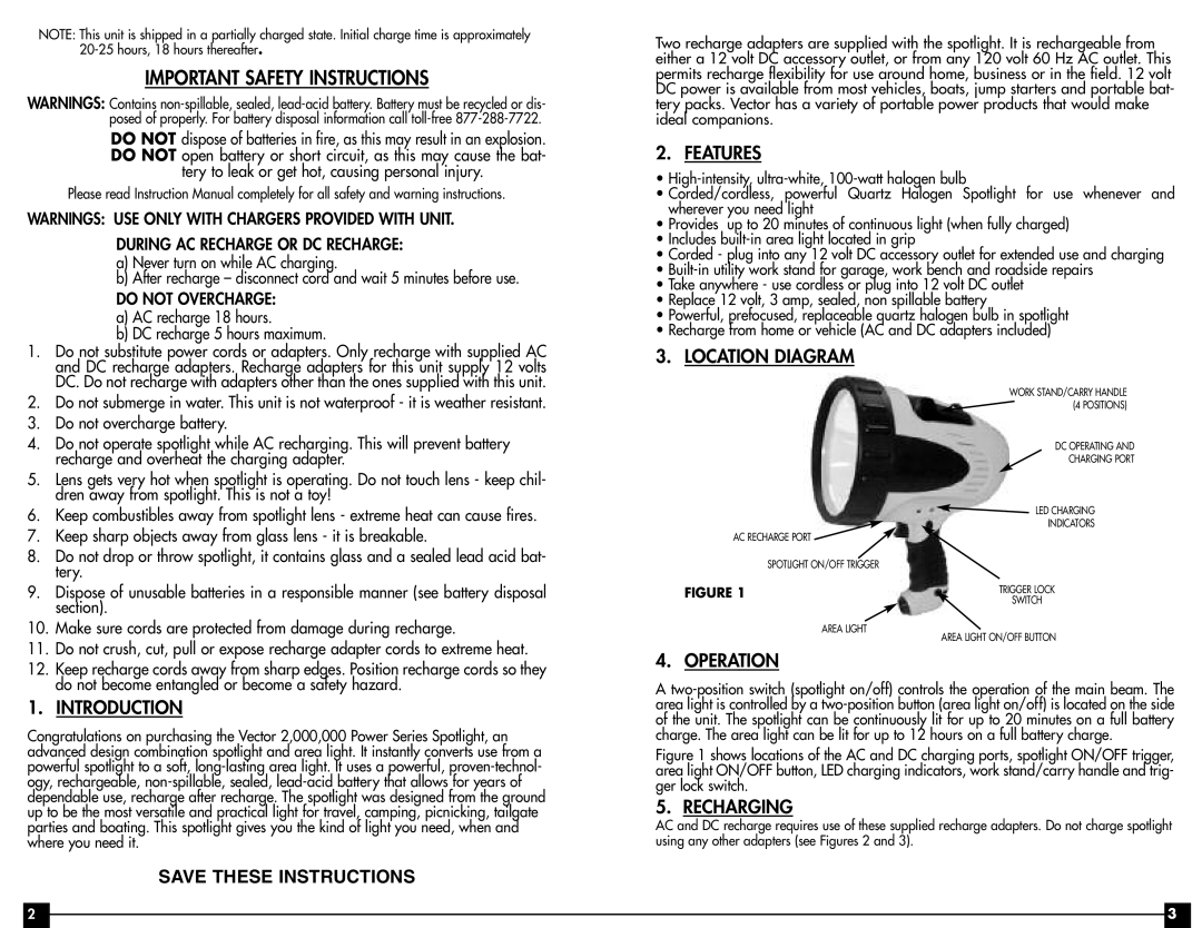 Vector VEC141 user manual Introduction, Features, Location Diagram, Operation, Recharging 