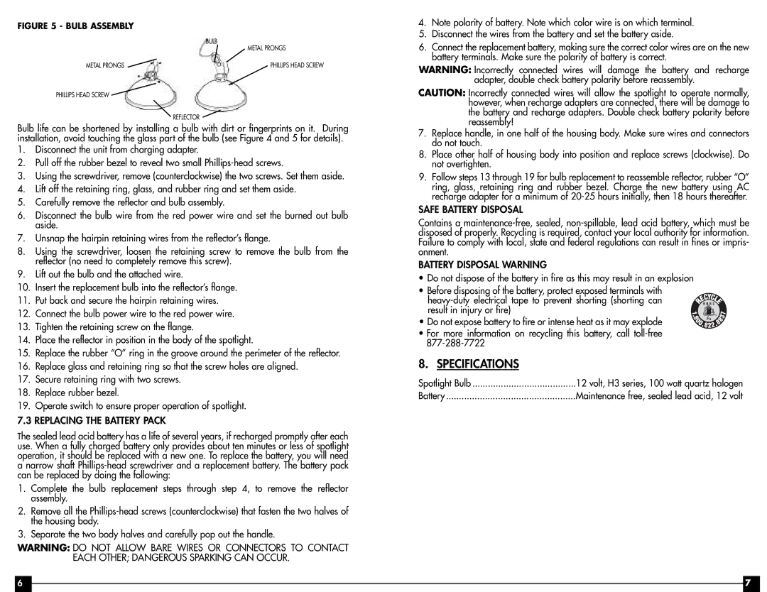 Vector VEC141 user manual Specifications, Replacing the Battery Pack 