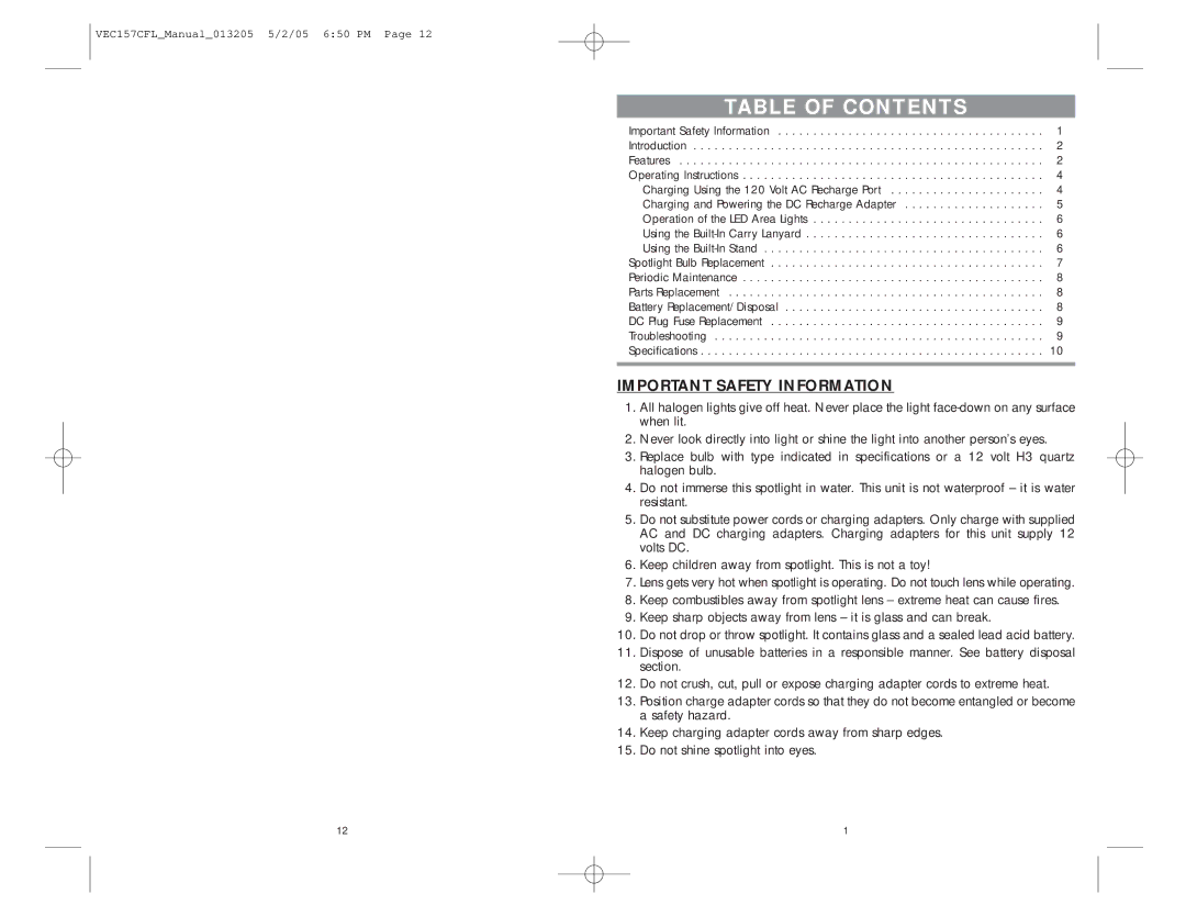 Vector VEC157 owner manual Table of Contents 