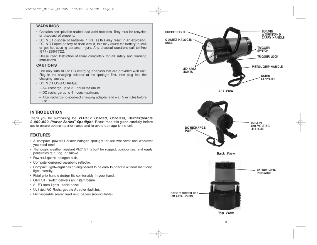 Vector VEC157 owner manual Introduction, Features 